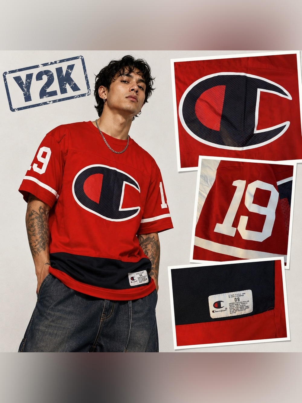 Y2K Champion Big C Football Jersey Shirt Red Navy #19 Men’s M